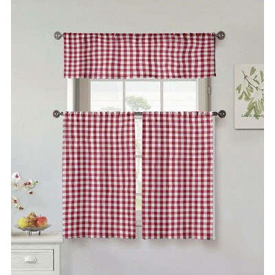 GoodGram Country Accents Burgundy Plaid Buffalo Check Kitchen Curtain Tier & Valance Set