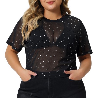 Agnes Orinda Women's Plus Size Short Sleeve Mesh Sheer Silver Star Club Trendy Crop Blouses