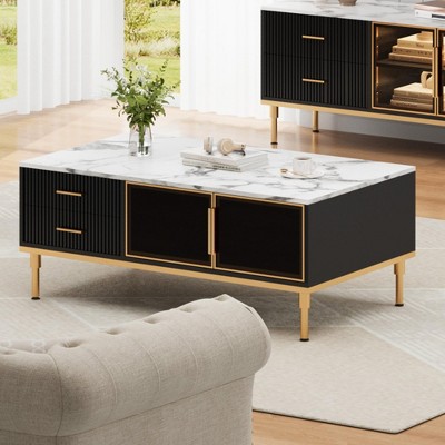 Coffee Table for Living Room, Faux Marble Coffee Table with 4 Drawers and Glass Doors Storage, Modern Aesthetic Fluted Panel Design
