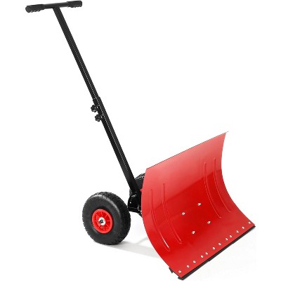 Snow Shovel with Wheels, 29.1" W x 19.3" H Snow Pusher for Driveway, Snow Pusher Shovel with Adjustable Angle & Height Handle for Pavement