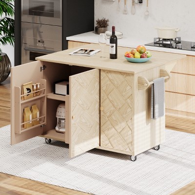 Grungis Kitchen Island Cart with Ash Veneer,Handwoven Kitchen Island on Wheels with Drop Leaf,Island Table with Storage Rack for Kitchen