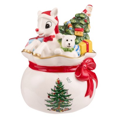Spode Christmas Tree Candy Bowl - 6.5-Inch Dolomite Bowl Holiday Decor - Christmas Candy Storage Jars with Rudolph the Reindeer Motif