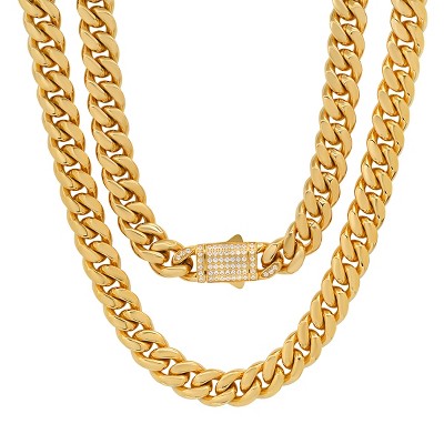 Steeltime Men's stainless steel thick cuban link chain necklace with simulated diamonds clasp