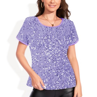 Anna-Kaci Women's Short Sleeve Crew Neck All-Over Sequin Embellished Fashion Style Top Stylish Sparkling Blouse