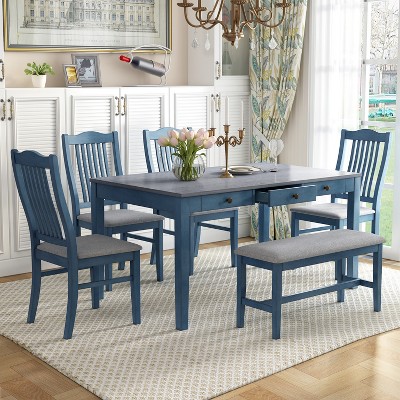 ChicFurnit Dining Set Wood Table Set with Drawer Upholstered Chairs and Bench for Kitchen Dining Room, Antique Blue, 42"*21"*18"