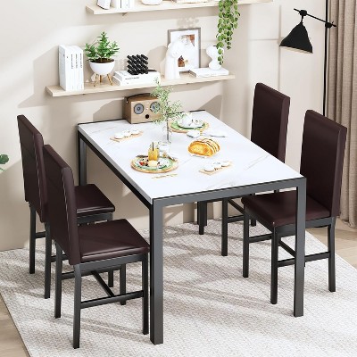 Hooseng 5-Piece Marble DiningTableSet with 4 Metal Frame Chairs, Dining Table Set for 4, Modern Style Kitchen Table and Chair Set, White