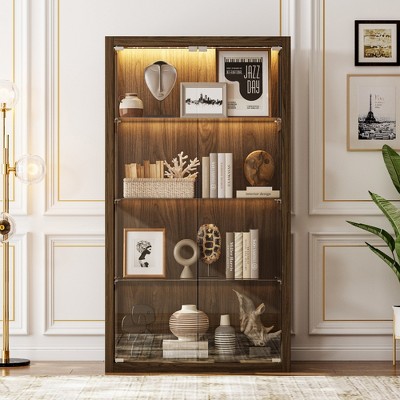 Famapy Brown Glass Cabinet Display Cabinet with LED Lights and Press-to-open Doors
