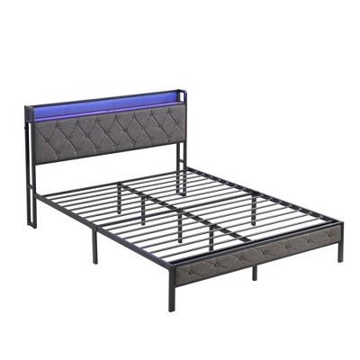 NicBex Upholstered Bed Frame with Storage Headboard,Charging Station and LED Lights