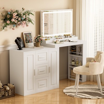 YOOCOZZ Modern Vanity Table with Touchscreen LED Mirror, Storage Shelves, Drawers and Cabinets - White