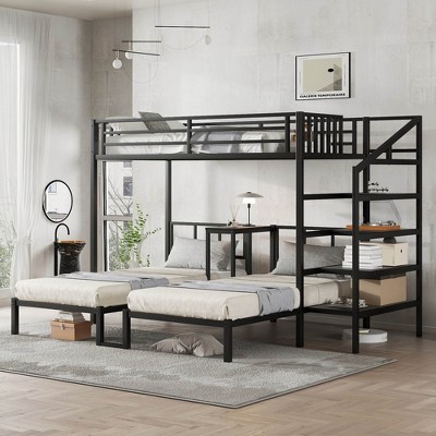 TIRAMISUBEST Twin over Twin & Twin Bunk Beds for 3, Metal Triple Bunk Bed with Desk & Shelves, Space Saving/Noise Reduction, Black