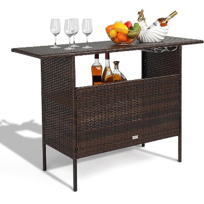 VINGLI Wicker Outdoor Bar Table with 2 Steel Shelves, Sets of Rails, Rattan Patio Storage for Backyard, Poolside, Garden