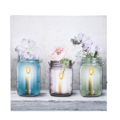 LuxenHome Candle Flower Jars Wrapped Canvas Print with Lights, Battery-Operated Gray