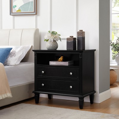 Gulches Open Space & 2-Drawer Nightstand with Charging Station, Farmhouse End Table with USB Ports & Outlets, Fluted Design