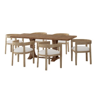 Christopher Knight Home Hudson 7 Pieces Upholstered Wood Extended Dining Set with Pedestal Base