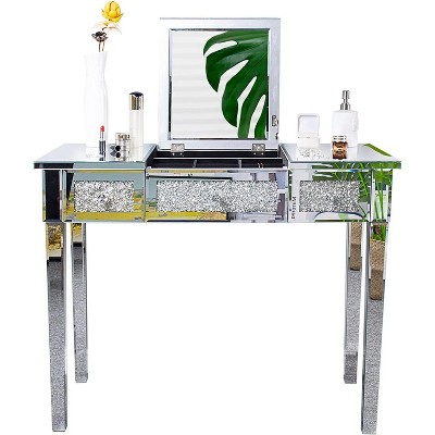 VINGLI Mirrored Vanity Desk With Drawers and Flip Mirror, Glass Table, Silver Makeup Desk for Bedroom/Makeup Room