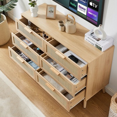 Okak Dresser for Bedroom with Double Rattan Drawer, Wide Chest of Drawers Closet Storage Cabinet Organizer for Living Room Hallway Nursery, Natural