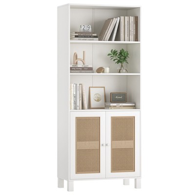 CAVINAS 5 Shelf Decorative Bookshelf with Rattan Doors,Tall Bookcase Display Shelves with Free Standing Design,Modern Bookshelf for Living Room