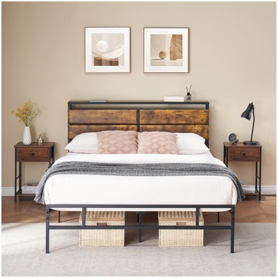 14 Inch Full Size Metal Bed Frame with Wooden Headboard and Storage, No Box Spring Needed, Steel Slat Support, Under Bed Storage, Easy Assembly