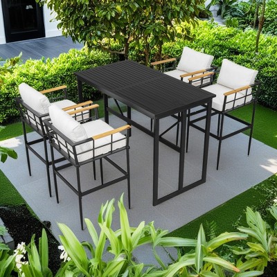 5-Piece Outdoor Iron Counter Height Dining Set with Table and 5 Acacia Wood Armrest Chair