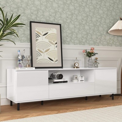 ORRD High Gloss Panel Modern TV Console, Entertainment Center with Storage Shelves for Living Room & Bedroom, Cloud White, 63x15.74x19.68 inches
