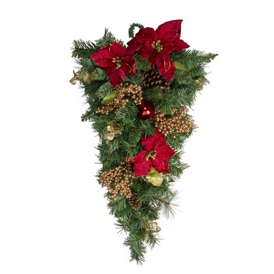 Northlight Pine, Pinecone and Poinsettias Artificial Christmas Teardrop Swag - 32" - Unlit