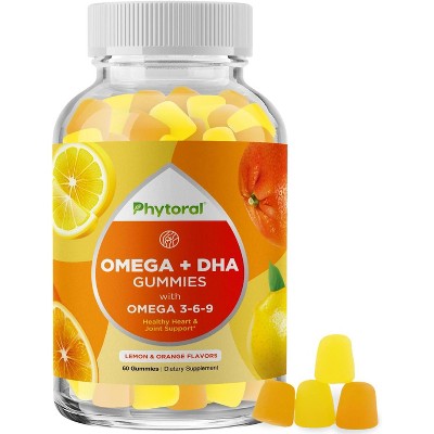 DHA Omega 3 Gummies for Adults, Chia Seed & Omega 3 6 9 Supplement for Inflammation, Energy, Insulin & Immune Support, Lemon & Orange, Phytoral, 60ct
