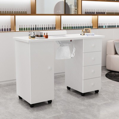 Karlhome 42.5 in. White MDF 4-Drawer Manicure Table Nail Desk with Cabinet, Doors, Electric Dust Collector