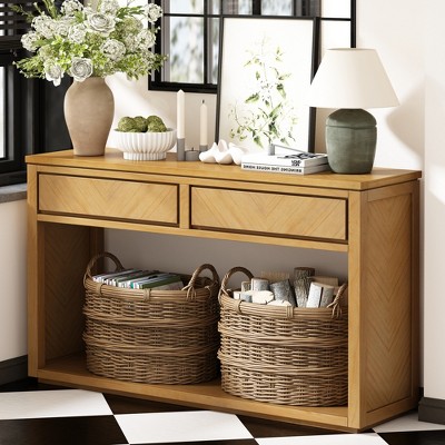 Rustic Wooden Entryway Console Table with Chevron Pattern, 2 Storage Drawers & Open Shelf, Elegant Sofa Table for Hallway & Living Room