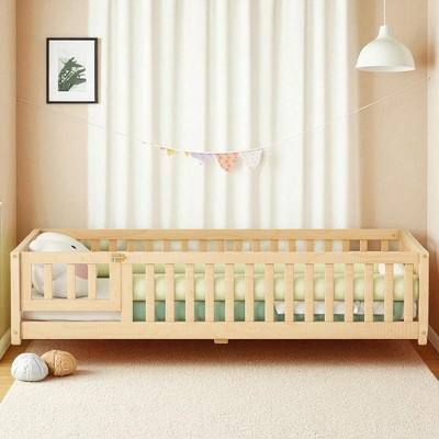 Mshliw Twin/Full/Queen Size Kids Floor Bed with Safety Guardrails and Door, Montessori Style Wooden Platform Bed Frame for Toddlers, Children Bedroom