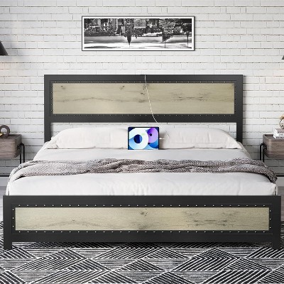coucheta Bed Frame with Charging Station,Rivet Design and Industrial Style,No Box Spring Needed,Strong Slats Support,Noise Free,Easy Assembly