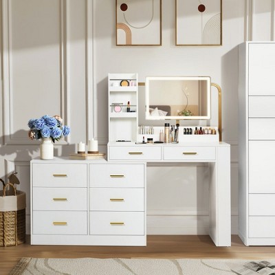 Vanity Table Dressing Table Makeup Table with LED Lighted Mirror, USB Ports and 8-Drawer, Bedroom Organizer, White - ModernLuxe