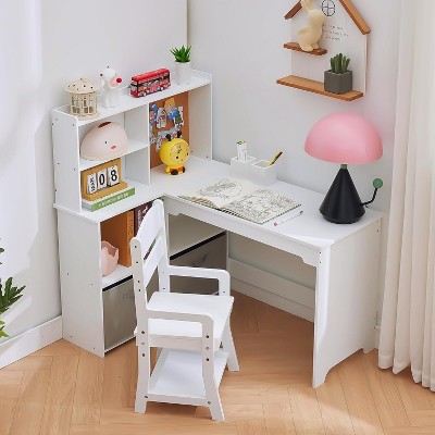 Kids Desk and Chair Set, Children Corner Study Table with Bookshelf, Cloth Drawers and Bulletin Board for Girls, White