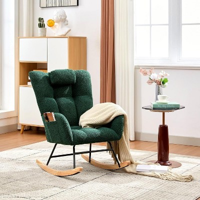 Acekool Nursery Rocking Chair, 300lb Glider with Wood Legs & Side Pockets, Teddy Upholstered Glider for Nursery