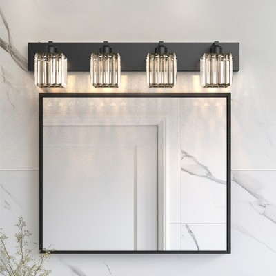 DORESshop Modern 4-Light LED Vanity Light Black Bathroom Wall Sconce with Square Crystal Shades for Bathroom Bedroom and Mirror Lighting