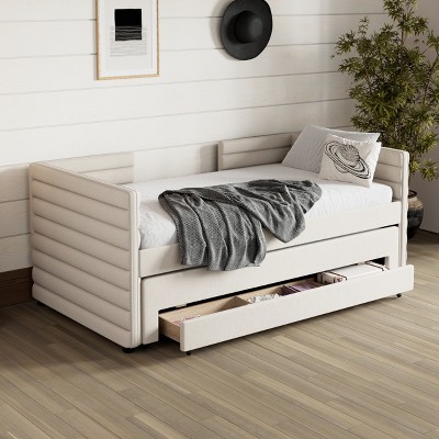 ModernLuxe Twin Size Upholstered Daybed Frame with Trundle & 3 Storage Drawers, Short-haired Linen  Sofa Bed for Guest Room, Beige/Gray/Dark Blue