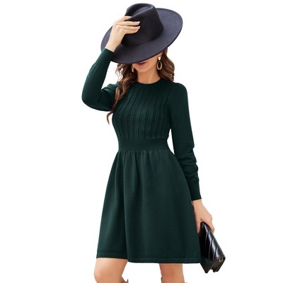 Clearlove Womens A-Line Sweater Dress Long Sleeve Casual Knitted Crew Neck High Waist Flowy Ruffled Mini Dress