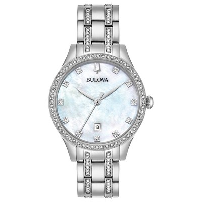 Bulova Ladies' Classic Crystal Stainless Steel 3-Hand Quartz Watch, White Mother-of-Pearl Dial