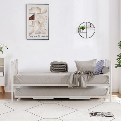 Twin Daybed with Trundle, Twin Bed Frame with Sturdy Metal Foldable Trundle, Sofa Bed with Stylish Headboard for Living Room