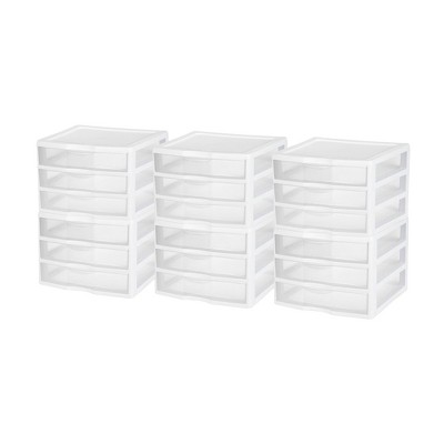 Sterilite Clear Plastic Stackable Small 3 Drawer Storage System for Home Office, Dorm Room, or Bathrooms