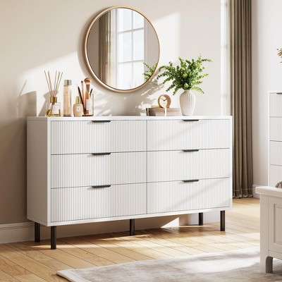 54.7" Modern Fluted 6 Drawer Dresser with Metal Legs, Handles and Anti-Tipping Design for Bedroom Living Room Hallway, Chest of Drawers