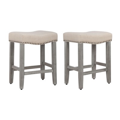 WestinTrends 24" Upholstered Saddle Seat Counter Stool (Set of 2), Antique Gray/Beige