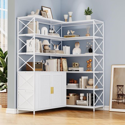 Farmhouse Corner Bookshelf,6-Tier L-Shaped Storage Shelf with Cabinet