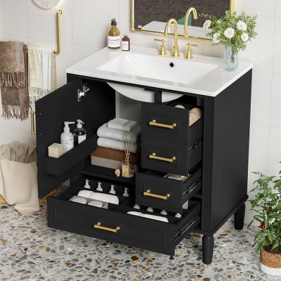 KTMBDW Bathroom Vanity with Ceramic Sink, Bathroom Vanity Cabinet with Door with 4 Drawers, 30 Inches Wooden Cabinet