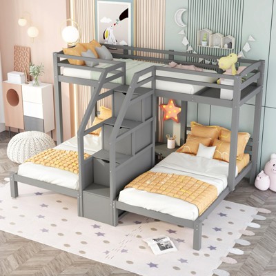 CAVINAS Twin over Twin Bunk Bed Metal Triple Bed Frame with Desk, Storage Shelf and Inclined Ladder