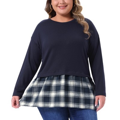 Women's Plus Size Patchwork Plaid Contrast Hem Crew Neck Long Sleeve Casual Fall Peplum Blouse - Agnes Orinda