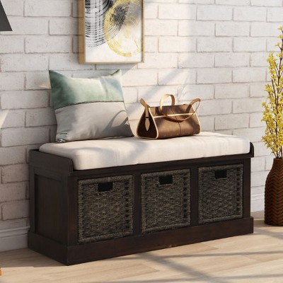 NicBex Rustic Storage Bench with 3 Removable Classic Rattan Basket, Linen Blend Ottoman with Storage & Removable Cushion, Entryway Bench, No Assembly