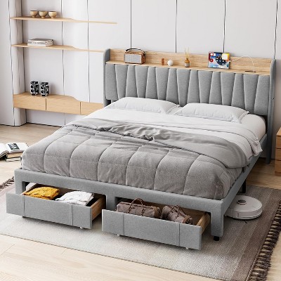 Bed Frame with Headboard, Wooden Bed Frame with Storage Headboard and Charging Station,Beige/FULL