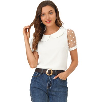 INSPIRE CHIC Women's Vintage Peter Pan Collar Puff Polka Dots Mesh Short Sleeve Blouse