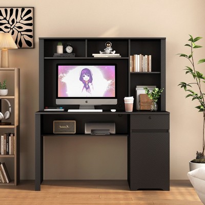 PAGED Computer Desk with Hutch and Bookshelf, Wood Executive Desk Teens Student Desk with Drawers, 3 AC Outlets and 2 USB Charging Ports, White