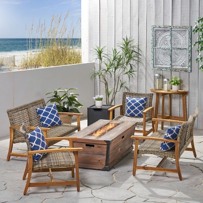 Christopher Knight Home Hampton Outdoor Acacia Wood and Wicker 6 Seater Chat Set with Fire Pit